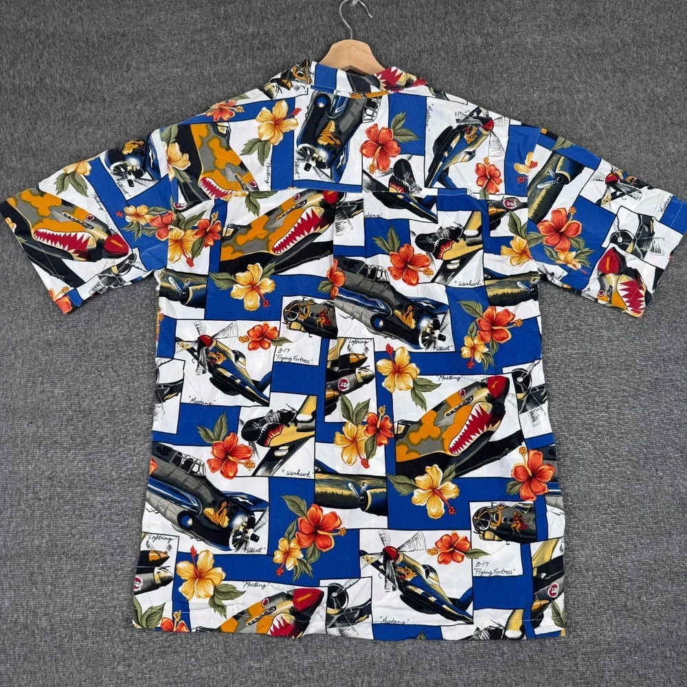 Vintage Ferruche Hawaiian Shirt Men's L Button Short Sleeve Floral Fighter Jet - Picture 5 of 7